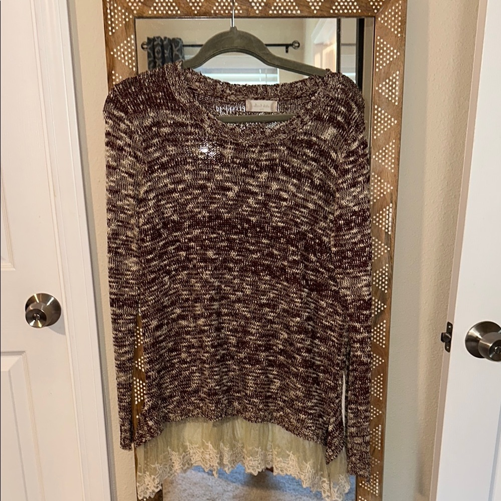 Burgundy and Cream Knit Sweater with Lace Hem Altar’d State Size S/M